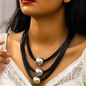Multilayer Silver Black Ball Statement Necklace